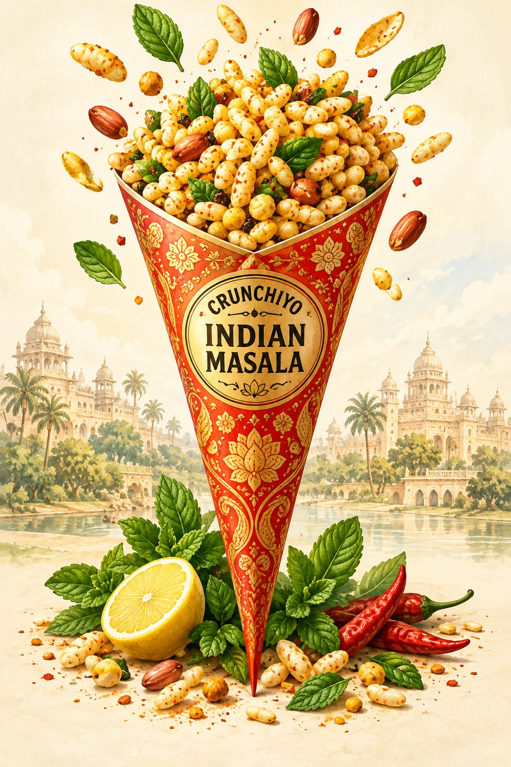 Ornate red and gold Indian snack cone filled with golden puffed grains