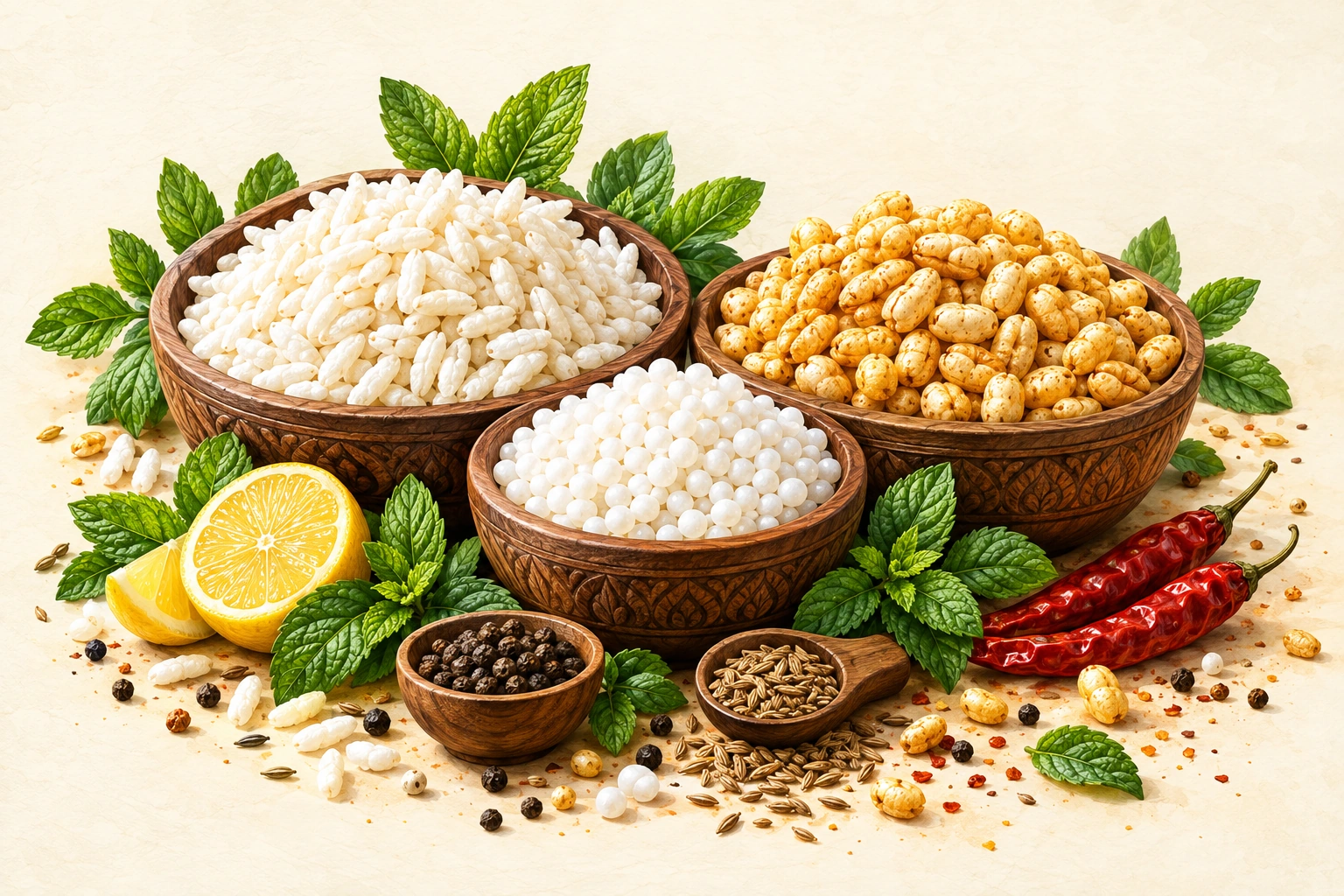 Wooden bowls of puffed rice, sabudana pearls and roasted wheat with fresh herbs and spices